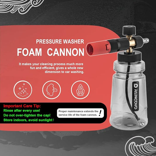 Raincovo Foam Cannon Wide Mouth for Pressure Washer, Thick Snow Foam Lance for Car Wash, Adjustable Soap Cannon with 1/4 Inch Quick Connector, Additional 1.1mm Orifice Nozzle
