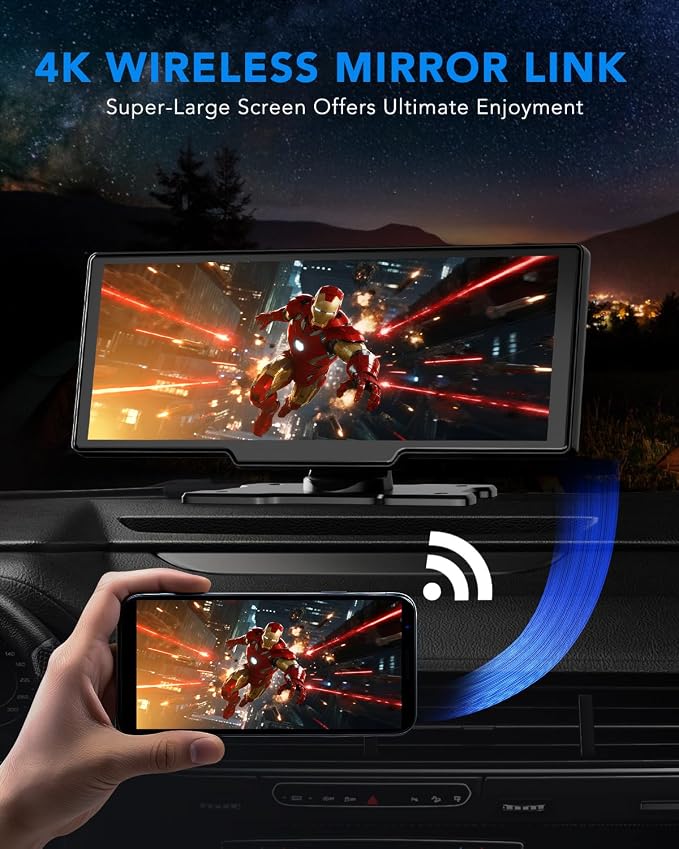 10.26" Apple Carplay Screen for Car, Wireless Portable Car Play & Android Auto HD Touch Screen, 4K Dash Cam, 1080P Backup Camera, Bluetooth 5.0, FM/Mirror Link/GPS Navigation, for All Vehicles