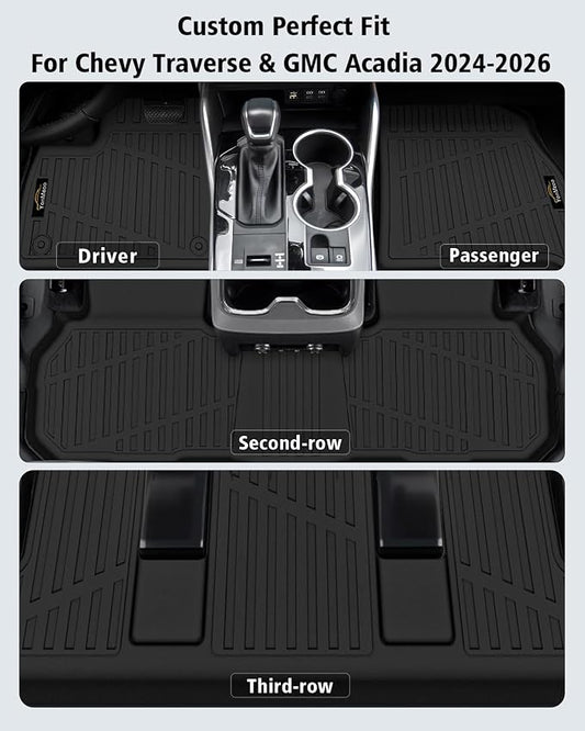 Floor Mats for Chevy Traverse 2024-2026 & GMC Acadia 2024-2026 & Buick Enclave 2025-2026 (Only 7 Seats) All Weather TPE Set Cargo Liner Door Sill Protectors Accessories, Black