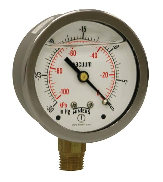 Winters Instruments - PFQ801 -801 PFQ Series Stainless Steel 304 Dual Scale Liquid Filled Pressure Gauge with Brass Internals, 30"Hg Vacuum/kpa, 2-1/2" Dial Display, +/-1.5% Accuracy, 1/4" NPT Bottom Mount