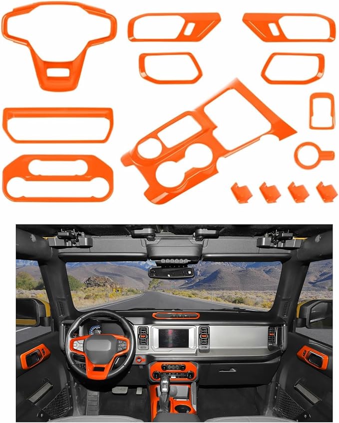 JWWY Interior Trim Kit Auto Interior Dress-Up Kit Decor Set Center Console Gear Shift Dashboard Panel Door Handle Rearview Vent Adjustment Cover Trim for 2021-2026 Ford Bronco Accessories Orange 14pc