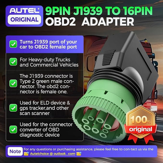 Autel Original Type 2 Green 9pin J1939 to 16pin OBD2 Female Adapter, Male to J1962 OBDII Connector, Work for Heavy Duty Trucks, Used for ELD Device & GPS Tracker & Truck Scanner
