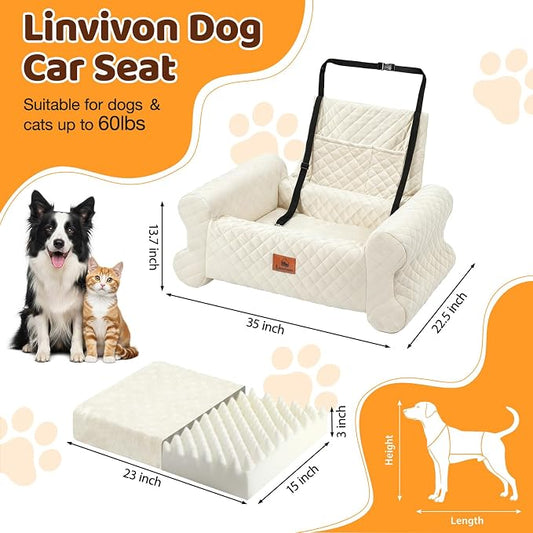 Dog Car Seat for Medium/Large Dogs up to 60 lbs, Memory Foam Dog Booster Seat with Thick Cushion, Pet Car Seat for Back with Detachable Washable Cover, Storage Pockets for SUV, Pick Up, Trunk, White