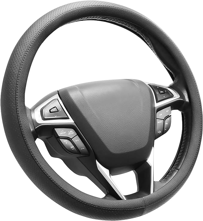 SEG Direct Black Car Steering Wheel Cover Medium Size 14.5-15 inch (37-39 cm), Breathable Microfiber Leather
