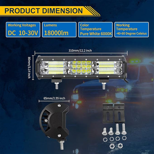 Willpower 12 inch 180W LED Light Bar Triple Row Spot Flood Combo Beam Off Road Driving Lights Waterproof Work Light for Jeep Trucks SUV ATV UTV Boat Lights, 12V 24V