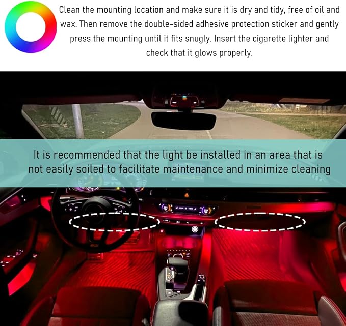 Yourkar Car LED Strip Light, 24 LED Interior Under Dash Atmosphere Lights with Cigarette Lighter, Vehicle Decor Lamp Ambient Night Light Strip Lighting, Universal Car Accessories (Red)