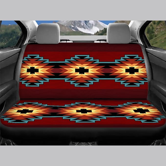 Southwest Native American Tribal Car Seat Covers Full Set,Aztec Red Print Navajo Design Vehicle Front Rear Bench Cushion Protectors Auto Interior Accessories Universal Fit for Trucks Sedans