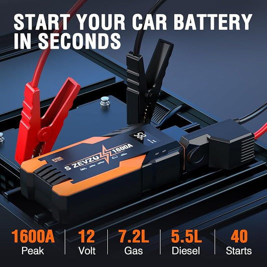 S ZEVZO Jump Starter 1000A Peak Portable Jump Starter for Car (Up to 7.0L Gas 5.5L Diesel Engine) 12V Auto Battery Booster Pack with Jumper Clamps