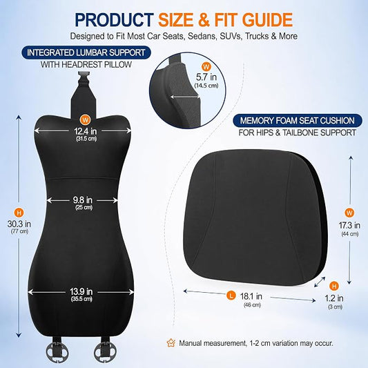 2 Piece Car Seat Cushion Set: 3-in-1 Memory Foam Driver Seat Cushion, Integrated Lumbar Support with Headrest Pillow for Pain Relief, Back Support with Neck Pillow for Car, Truck, SUV - Black
