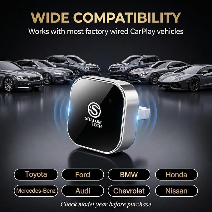 Wireless Car Play Adapter & Car Play Wireless Adapter 2-in-1, SHALOM TECH 5.8GHz Wired to Wireless Dongle, Plug & Play for Factory Wired CarPlay Cars, USB A USB C - (Silver).