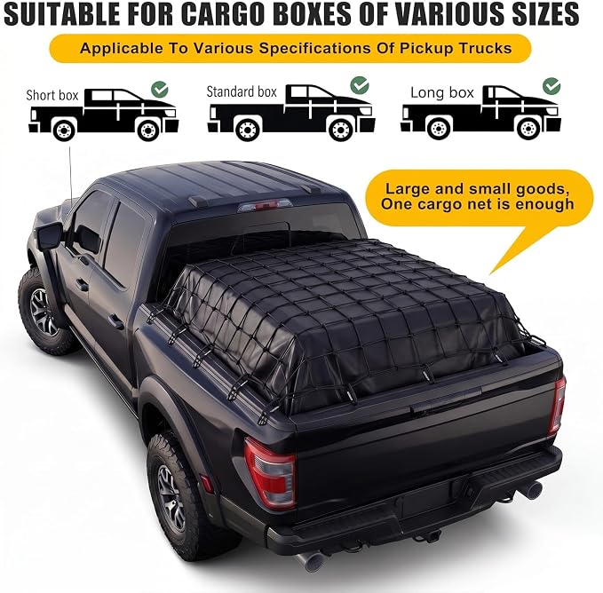Breling 4 in 1 Cargo Net for Pickup Truck Bed 4'x6' Stretches to 8'x12' with Black Waterproof Pickup Truck Bed Tarp 5'x7' Heavy Duty Cargo Net Cover and Tie Down System 12 Clips 1 Bag for SUV Trailer