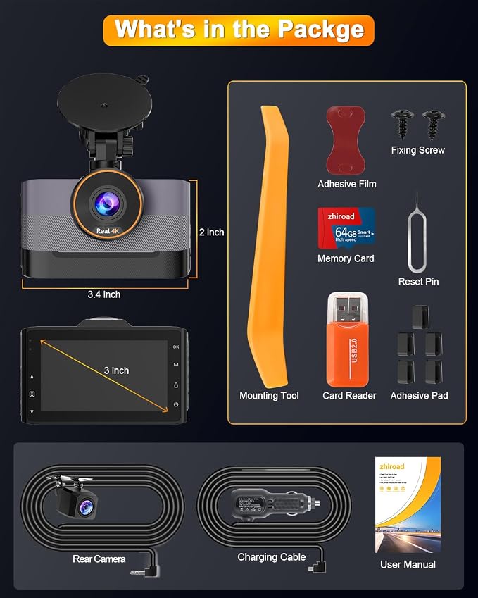 4K Dash Cam Front and Rear, Dual Dash Camera for Cars with 64G SD Card, 3" IPS Dashcam with Night Vision, Time Lapse, 24H Parking Mode, 170° Wide Angle, G-Sensor, Loop Recording, Real WDR