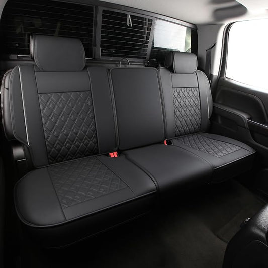 JOJOBAY Chevy Silverado Seat Covers,Leather Seat Covers for GMC Sierra,Custom Fit 2007-2026 1500 2500HD 3500HD Crew Extended Regular Cab,LT LZ(Rear Seat Covers,Black Grey)
