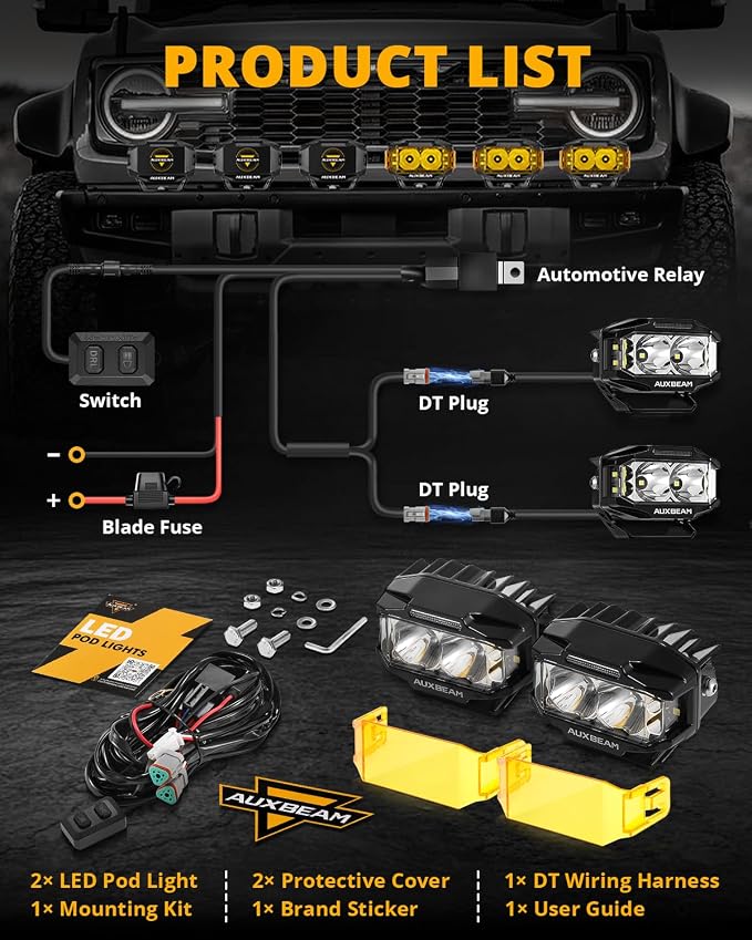 Auxbeam V-MAX Series 4 Inch LED Pod Driving Lights, 72W Rectangle Side Shooter Offroad Cube Spotlights with Amber DRL, 270° Combo Beam 6 Modes White/Amber/Yellow Auxiliary Lights with Covers, Pair