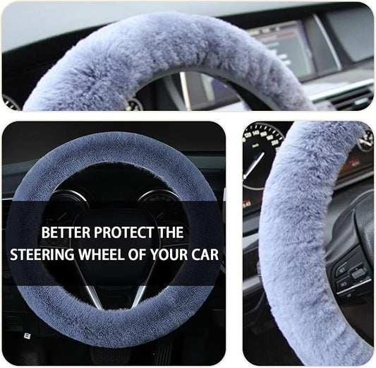 Ziciner Fuzzy Steering Wheel Cover, 15 inch Soft Wool Fur Steering Wheel Protector, Fluffy Wheel Covers for Winter Warm, Car Interior Decoration Accessories for Women Men (Grey)