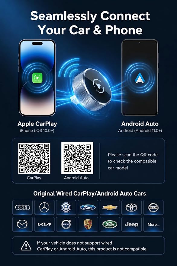 KAYZY 2026 Wireless CarPlay & Android Auto Adapter 2-in-1, Plug & Play Mini Tube Wireless Carplay Adapter for iPhone & Android, Auto Connect with No Latency, Premium Aluminum Design, USB A & USB C