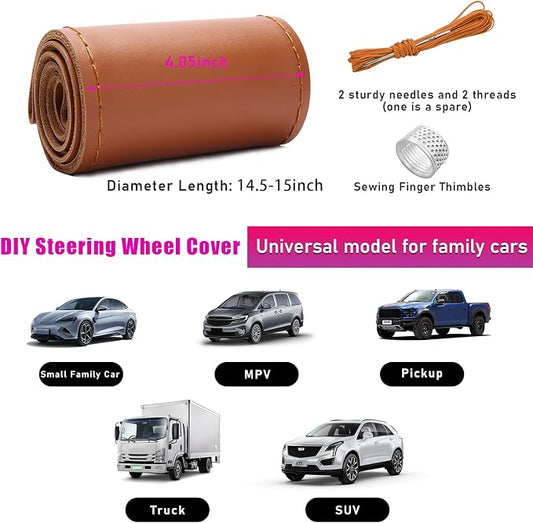 Ziciner Genuine Leather Steering Wheel Cover, Stitch on Wrap, Breathable Anti-Slip Car Steering Wheel Protector for Max Diameter 15 Inch, DIY Sewing with Needles Thread (Brown, Glossy)