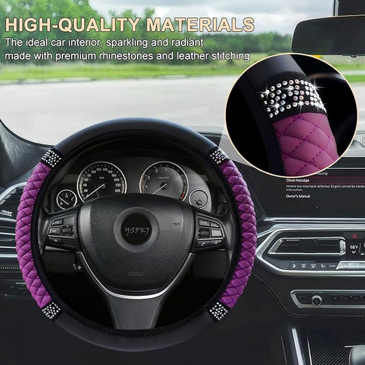 Soft Leather Car Steering Wheel Cover, Universal 15 Inch Colorful Rhinestones Anti-Slip Elastic Steering Wheel Covers for Most Cars, Sparkly Crystal Diamond for Women Girls (Purple)