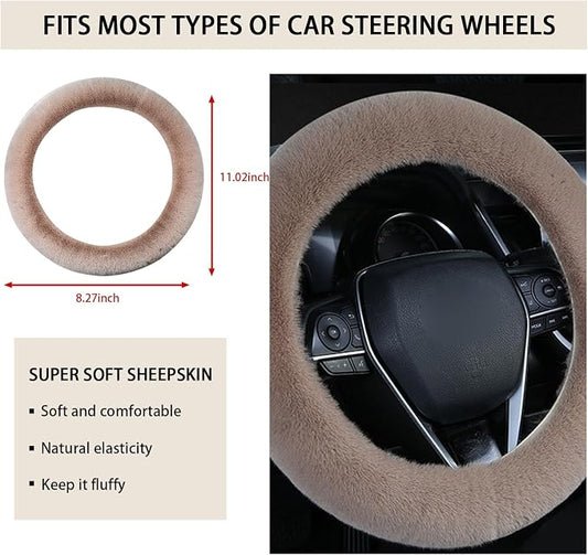 Ziciner Fuzzy Steering Wheel Cover, 15 inch Soft Wool Fur Steering Wheel Protector, Fluffy Wheel Covers for Winter Warm, Car Interior Decoration Accessories for Women Men (Light Brown)