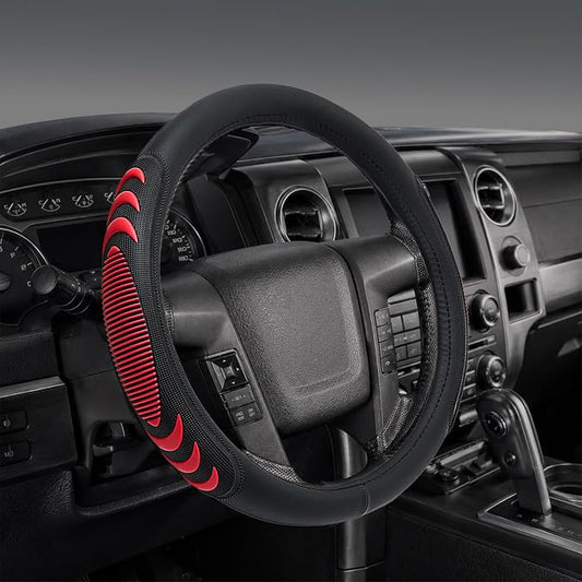 Yangday Leather Steering Wheel Cover for Ford F150 F250 F350, 15.5-16 inches Car Steering Wheel Cover with Anti-Slip Massage Particle (Red)