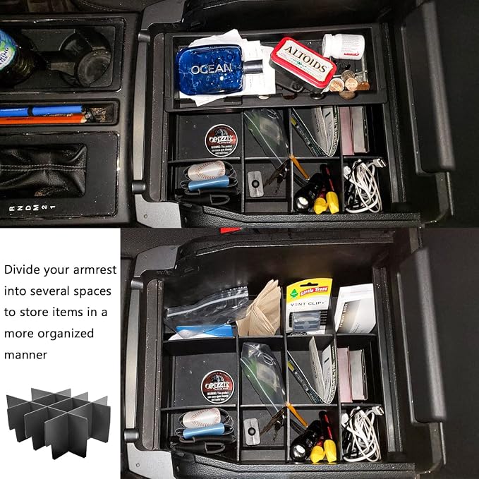 Center Console Organizer Dividers Compatible with 2015-2018 2019 2020 Ford F150 Accessories Black ABS Plastic Armrest Box Insert Secondary Storage, Full Console w/Bucket Seats ONLY
