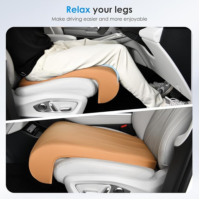 FLORICH Car Seat Extender Leg Extender Support Cushion for Driver Seats Office Chair, Leather Carseat Leg Support for Long Drivers Universal Car Seat Cushion Legs Rest Pads-Beige Brown