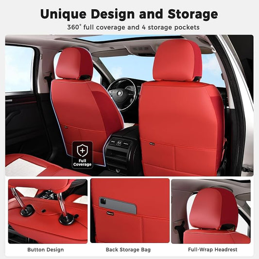 Huidasource Leather Seat Covers Universal Fit for Most Cars SUV Trucks, Waterproof Full-Cover Seat Covers Front Seat, Car Seat Cushion Cover Protector with Lumbar Support, Red & White