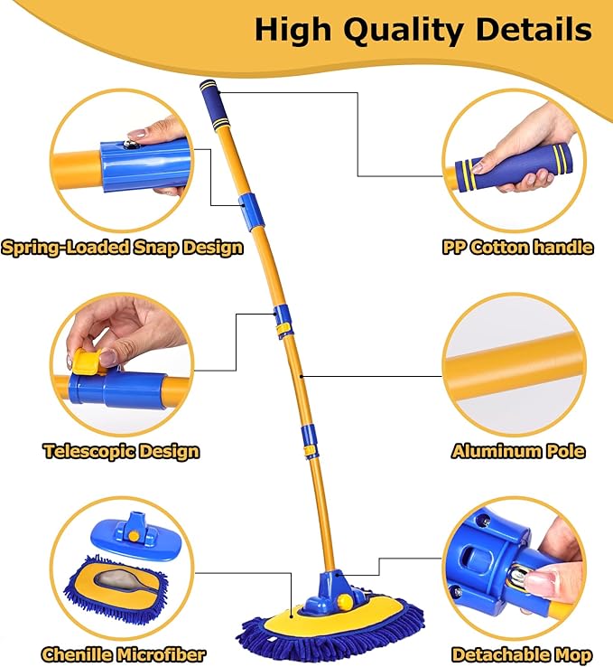 anngrowy 56.7" Car Wash Brush Mop Kit Mitt Sponge with Long Handle Car Cleaning Supplies Kit Tools Car Washing Duster Exterior Scratch Free, Chenille Replacement Head Extension Pole