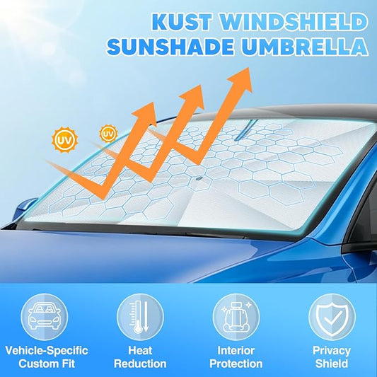 KUST Ice Crystal Sun Shade Umbrella for 2017-2026 Tesla Model Y/Juniper/Model 3/ Highland | Custom Fit Windshield Sunshade for Tesla | Foldable Sunshade with Bendable Handle | Blocks Heat & UV Rays