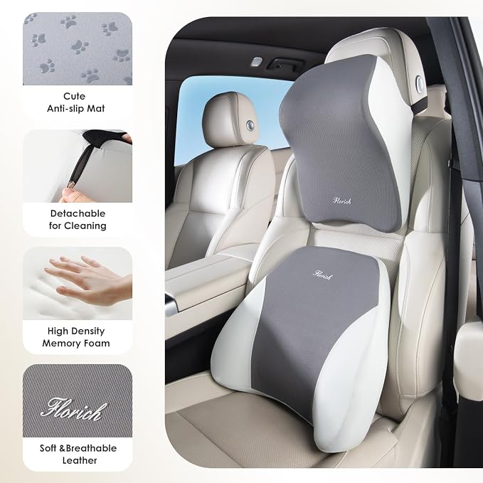 FLORICH Upgrade Lumbar Support and Car Neck Pillow, Back Support and Headrest Pillow for Car Seat Driver, Memory Foam Back Neck Support Pillow and Car Seat Lumbar Support for Car Office Chair - Gray
