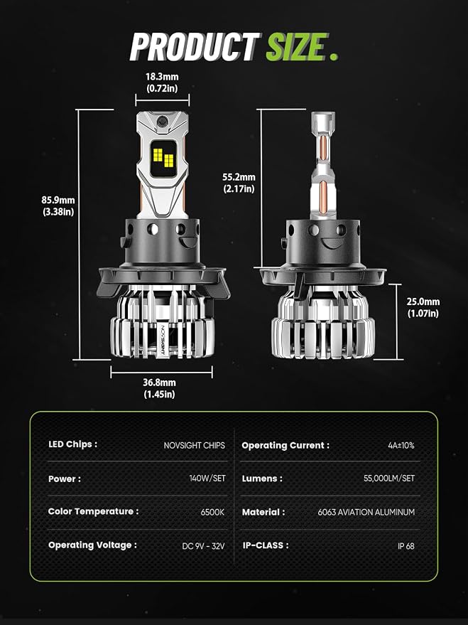 NOVSIGHT H13 LED Fog Light Bulbs - 55000 Lumens 100000 Hour Durability, 6500K Cool White Light, IP68 All-Weather Waterproof, Pack of 2