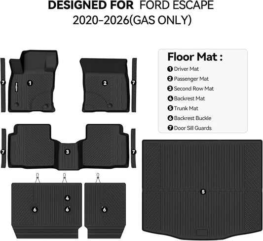 Floor Mats for Ford Escape 2020-2026(Gas Only), Trunk Mat and Backrest Mat & Door Sill Guard All Weather TPE Protector for Ford Escape Floor Liner Accessories