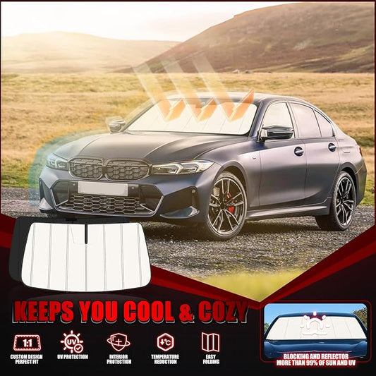 Windshield Sun Shade for BMW 3-Series 330i 328i 320i 325i 335i 330e 2019-2025 2026, Front Window Visor Accessories, Folding Design Blocks Heat & UV Rays Maintain Cool Interior and Save Space