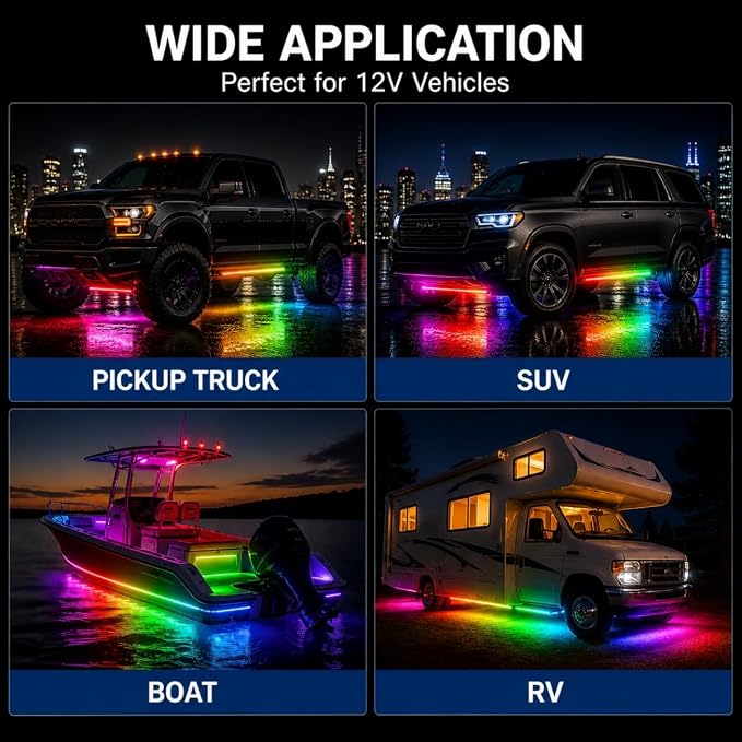12V RGB Led Strip Light with Remote, 4 Pcs 20" Super Bright Car Lights Strip IP67 Waterproof Golf Cart Underglow Lights for Motorcycles Interior Exterior Boat, Built-in Controller, Multi-Color