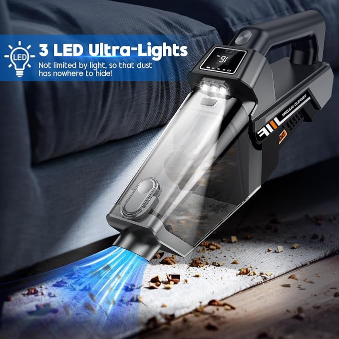 Handheld Vacuum Cordless, 16KPA Powerful Suction Hand Held Vacuum Cleaner Dust Busters Cordless Rechargeable, HD Display & 3 LED Lights, Portable Vacuum for Car, Home, Pet Hair
