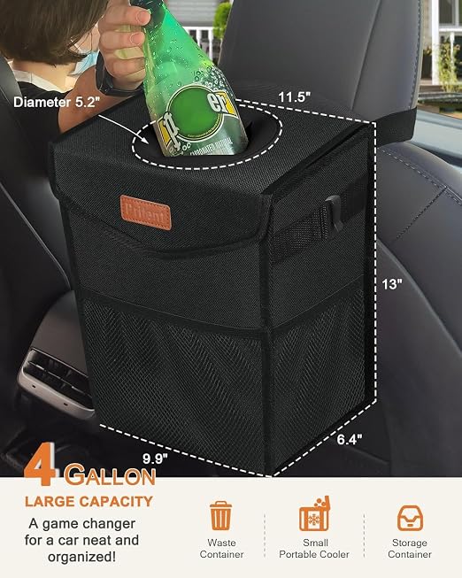 Pritent Car Trash Can with Lid, Cute Leakproof Car Trash Garbage Bag Hanging Vehicle Trash Bin Small Portable Automotive Garbage Cans Organizer for Back/Front Seat(4 Gallons,Black)