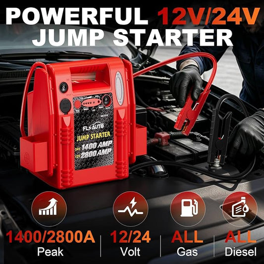 2800A/1400A Heavy Duty 12V/24V Car Jump Starter & Battery Booster – Jumper Pack, Lead-Acid Emergency Power for Cars, Trucks, SUVs, Boats, RVs | FlyAuto