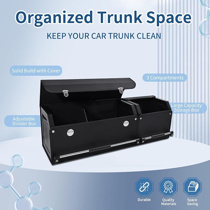 Car Trunk Organizer, Leather Trunk Organizer for SUV with Lid and Sturdy Handle Collapsible Adjustable Storage (Black, 41 x 11.4 x 12.2in)