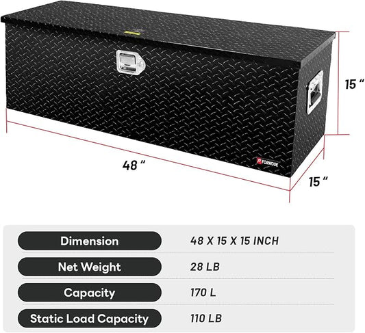 FORWODE 48 Inch Aluminum Truck Tool Box Lockable Truck Bed Tool Box Waterproof Truck Bed Storage Box with Gas Struts & Side Handle Truck Tool Chest for Pickup, Truck Bed, RV, Trailer & Garage (Black)