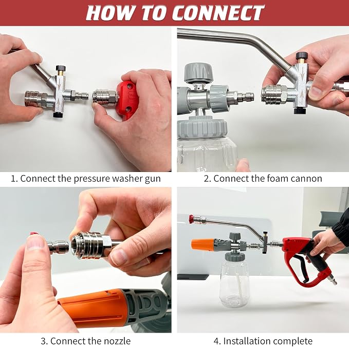 Foam Cannon Dual Connector Accessory, 4000 PSI Stainless Steel Pressure Washer Double Tip Attachment with 5 Spray Nozzles, 1/4" Quick Connect Dual Foam Cannon for Pressure Washer