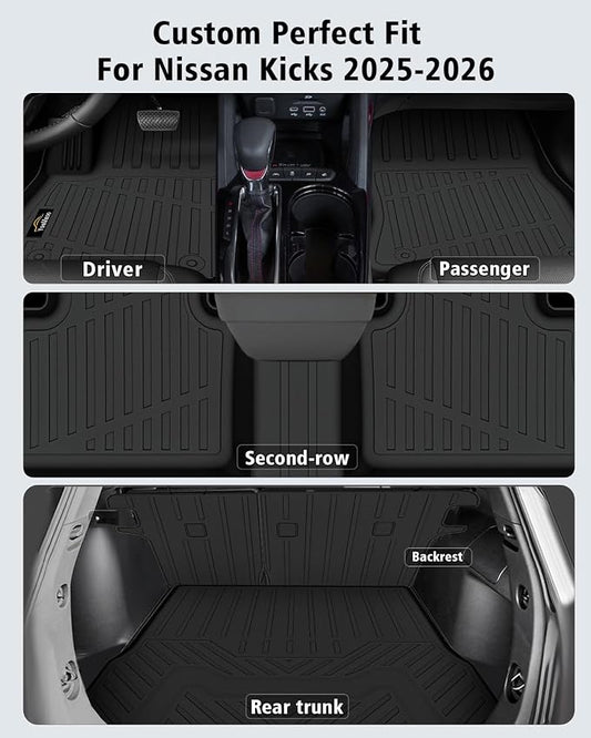 Floor Mats Custom for Nissan Kicks 2025 2026 SV/SR (Not for S) Cargo Liner with Backrest Mat All Weather TPE Rubber Full Set Floor Liners Trunk Mat for Kicks Automotive Accessories, Black