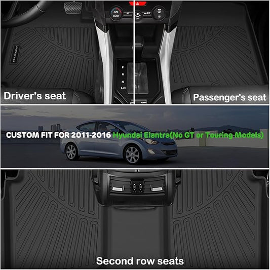 Floor Mats for 2011-2016 Hyundai Elantra All Weather TPE Floor Liners Custom Fit for Elantra 2011-2016 1st & 2nd Row Anti-Slip Full Set Car Mats(Not Fit GT or Touring Models)
