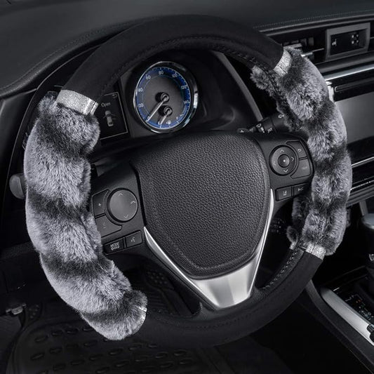 BDK Bear Fur Plush Steering Wheel Cover - Cute Faux Wool Protector for Women Girls Fits Wheels 14.5-15 inch Bear Fur - Black/Gray with Glitter