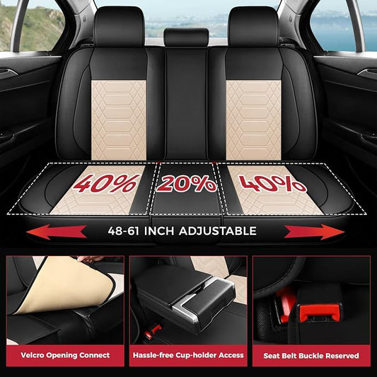 FREESOO Car Seat Covers Leather Seat Cover Full Set Automotive Seat Cover Protector Accessories Airbag Compatible Universal Fit for 5 Seats Black Beige