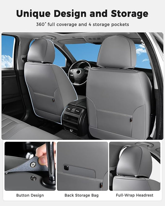 Huidasource Seat Covers Full Set, Universal Fit for Most Cars SUVs Trucks, Full Coverage Waterproof Leather Car Seat Cover, Airbag, Cupholder Compatible, Seat Function Retain, Velcro Adjustable, Gray