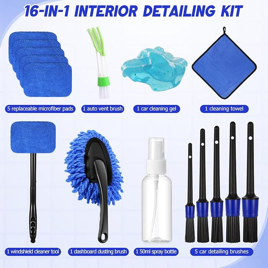 16 Pcs Windshield Cleaner Tool, Car Cleaning Kit with Various Detailing Brushes Set Spray Bottle Cleaner Towel Cleaning Gel Accessories Car Interior Detailing Kit for Windows Vents(Blue)