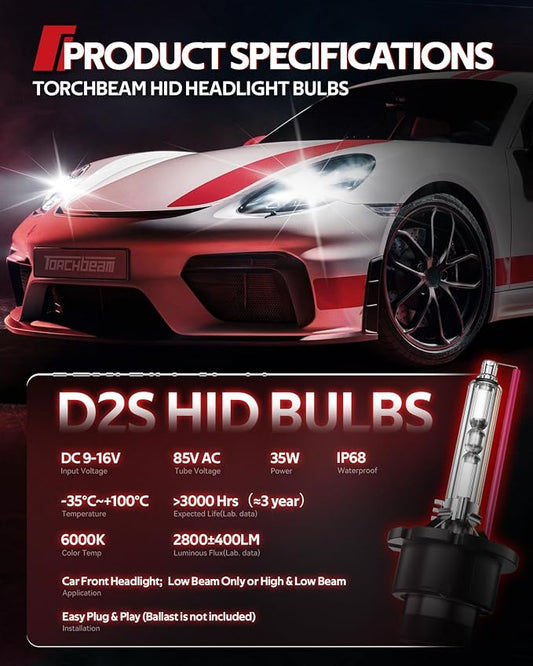 Torchbeam D2S HID Bulbs, 85122 66240 66040 66240CBI (85122C1) Xenon Bulbs Replace 6000K Cool White, 35W HID Xenon Bulb for 12V Car, Pack of 2