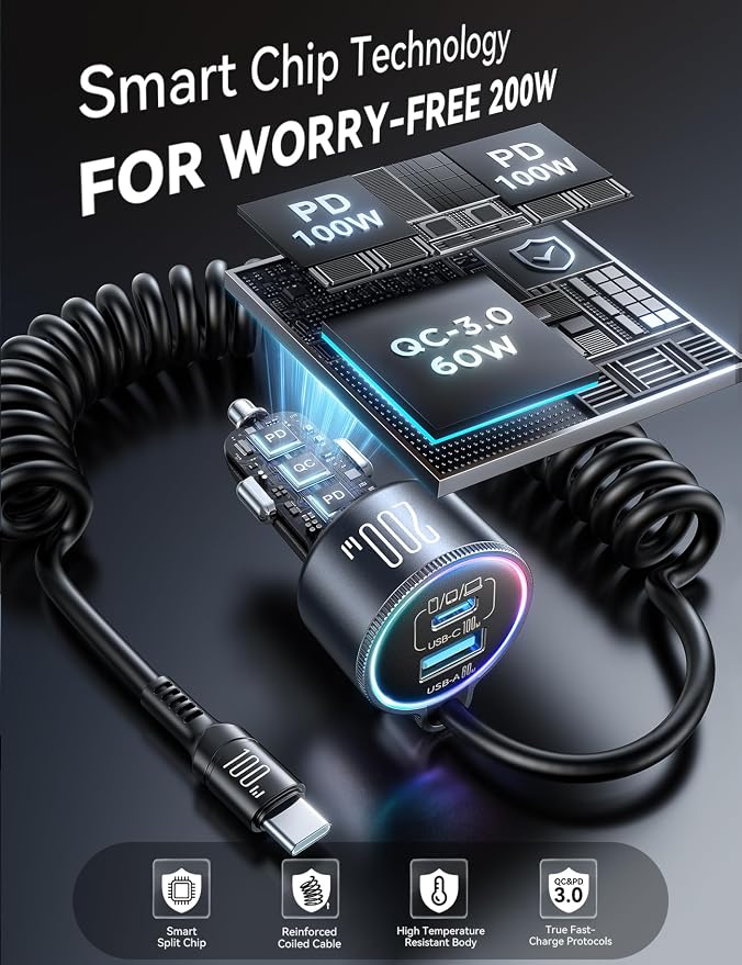 200W Car Charger USB C Fast Charge, PD100W Fast Car Charger Type C, PD3.0/QC4.0/PPS Cigarette Lighter Phone Adapter for iPhone 17 16 15 ProMax, MacBook Pro Air Laptop, Samsung S26/S25, Pixel, iPad Pro