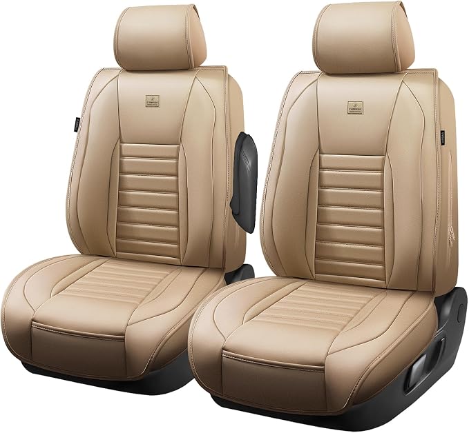 CAR PASS Nappa Leather Car Seat Covers Front Seats, Luxury Seat Protector for Cars, Waterproof Anti-Slip Seat Cushion Airbag Compatible Universal for Sedan SUV Pick-up Truck Automotive Vehicle, Beige