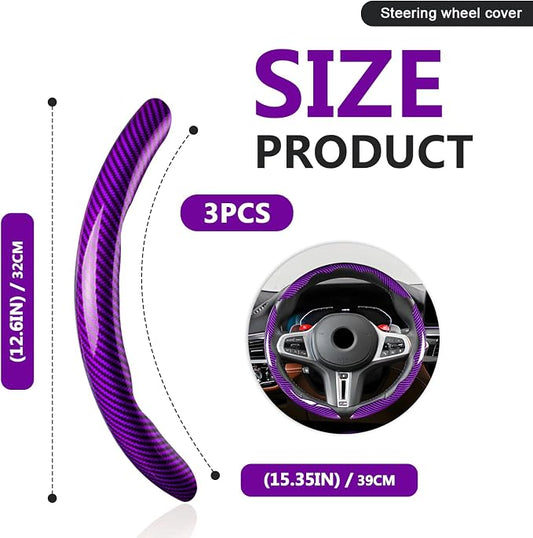 3pcs Universal Carbon Fiber Steering Wheel Cover - Anti-Slip & Segmented Design, Universal 99% Durable Steering Wheel Protector for Men and Women, Car Interior Accessory (Purple)